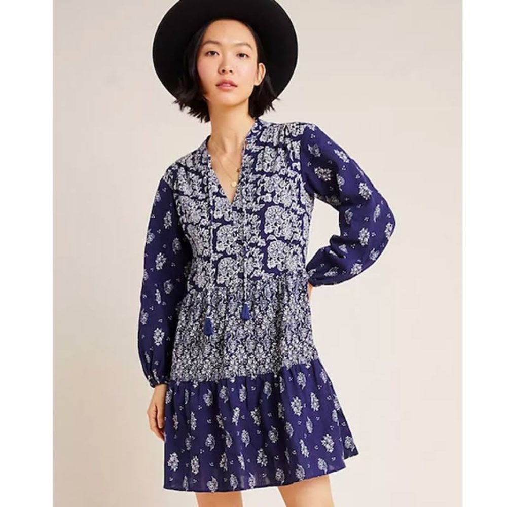 Maeve Carlita Tunic Dress Long Sleeves V Neck BOHO Floral Patchwork - Picture 5 of 12